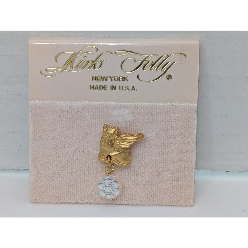Vintage Kirks Folly Winged Angel Cat Pin Iridescent Flower Charm